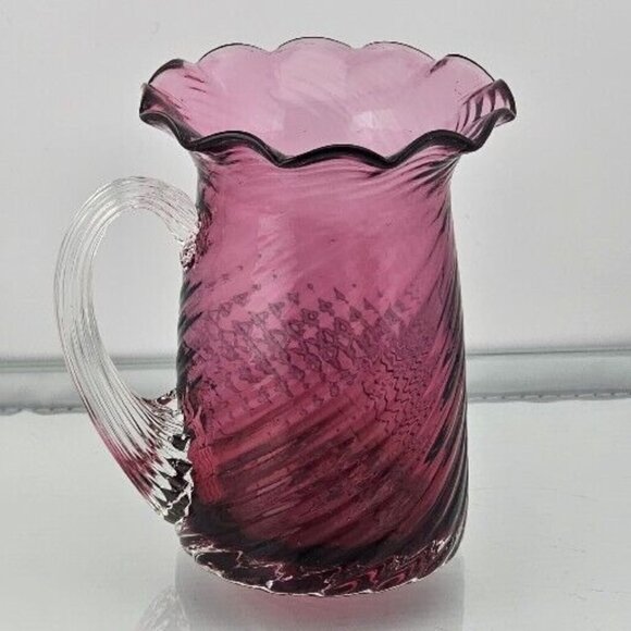 Pilgrim Glass Cranberry Swirl Pitcher Vase 3.5" clear handle ruffled rim texture - Picture 8 of 12